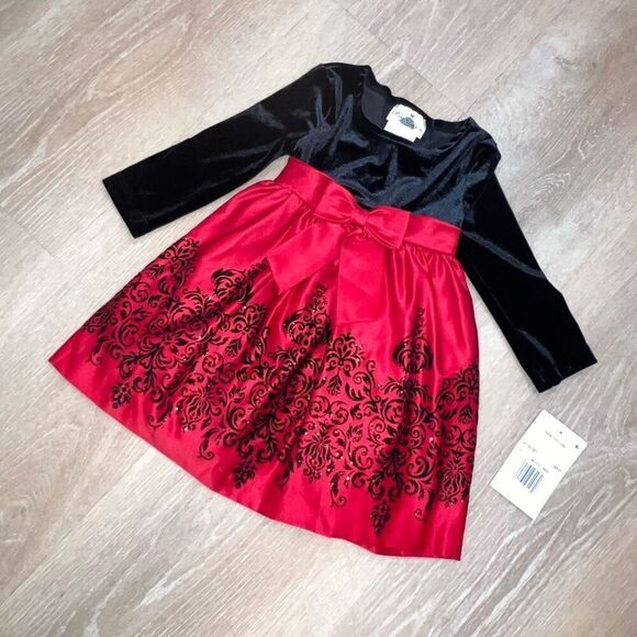 Rare Editions, Little Girl Velvet Bodice To Flocked Satin Skirt, 2T Toddler - Picture 3 of 8